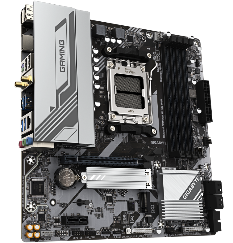 GIGABYTE B650M GAMING PLUS WIFI AM5 LGA 1718 AMD B650 M-ATX, DDR5, PCIe 4.0  M.2, PCIe 4.0, USB 3.2 Gen 1 Type-C, Wi-Fi 6E, 2.5GbE LAN